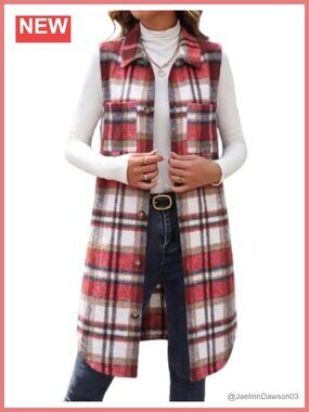 Long Plaid Vest Women Sleeveless Jacket Tops Fall Winter Outerwear